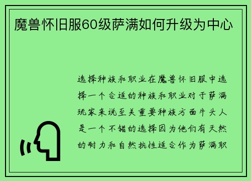 魔兽怀旧服60级萨满如何升级为中心